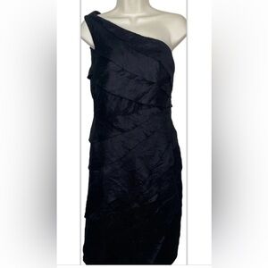 London Style Nights Asymmetrical One Strap Ruffled Dress 12 Black Knee Length